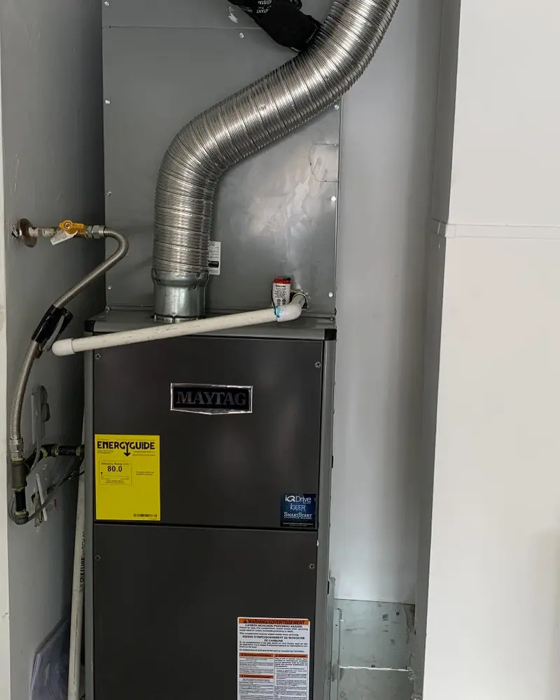 New Maytag furnace with EnergyGuide label installed by We Care Air Las Vegas